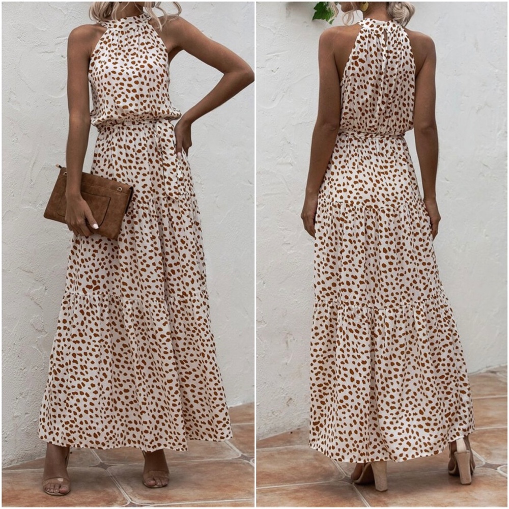 Boho Red White leopard Print Halter Ruffle Maxi Dress - Picture 13 of 13